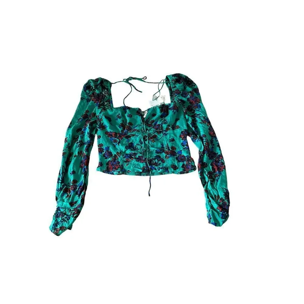 NWT Free People Crop Top Size Small Floral Blouse Puff Sleeve $98 Tie Back Green